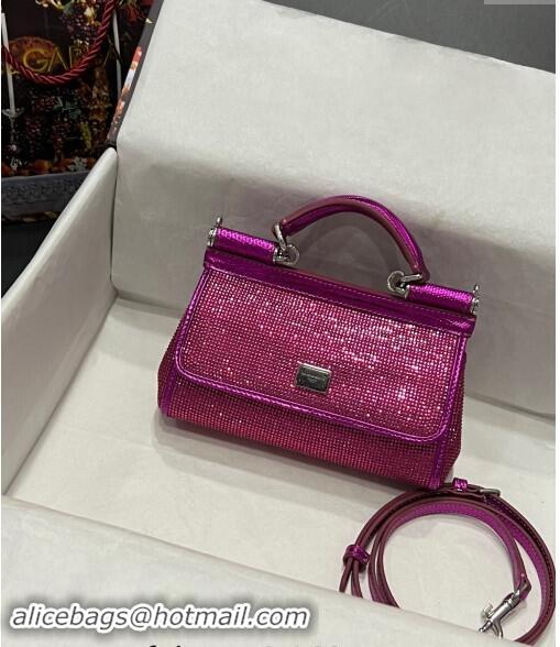 Top Design Dolce & Gabbana Small Sicily bag in Strass and Lizard Embossed Leather BB6111 Fuchsia Pink 2024