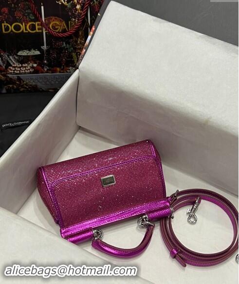 Top Design Dolce & Gabbana Small Sicily bag in Strass and Lizard Embossed Leather BB6111 Fuchsia Pink 2024