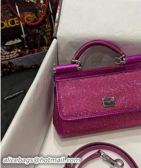 Top Design Dolce & Gabbana Small Sicily bag in Strass and Lizard Embossed Leather BB6111 Fuchsia Pink 2024