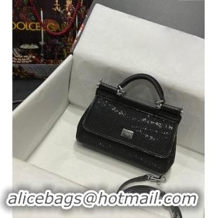 New Cheap Dolce & Gabbana Small Sicily bag in Strass and Lizard Embossed Leather BB6111 Black 2024