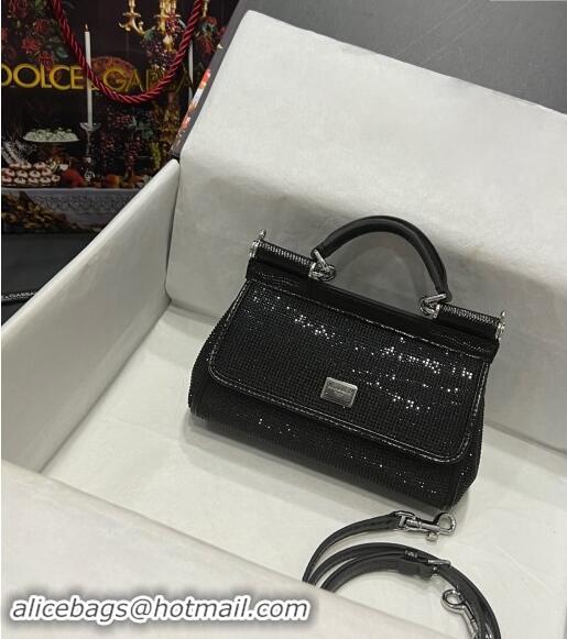 New Cheap Dolce & Gabbana Small Sicily bag in Strass and Lizard Embossed Leather BB6111 Black 2024