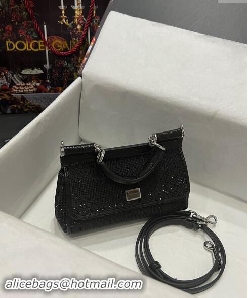 New Cheap Dolce & Gabbana Small Sicily bag in Strass and Lizard Embossed Leather BB6111 Black 2024