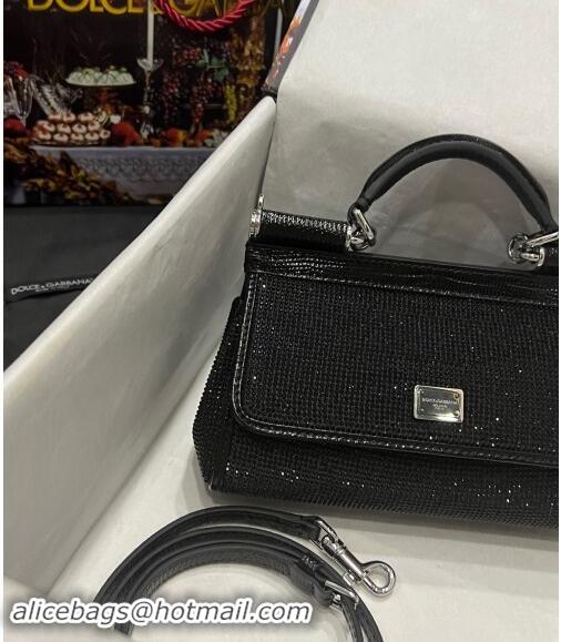 New Cheap Dolce & Gabbana Small Sicily bag in Strass and Lizard Embossed Leather BB6111 Black 2024