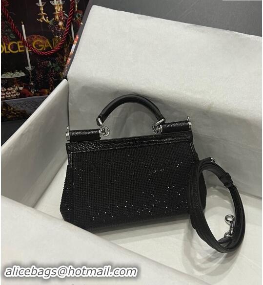 New Cheap Dolce & Gabbana Small Sicily bag in Strass and Lizard Embossed Leather BB6111 Black 2024