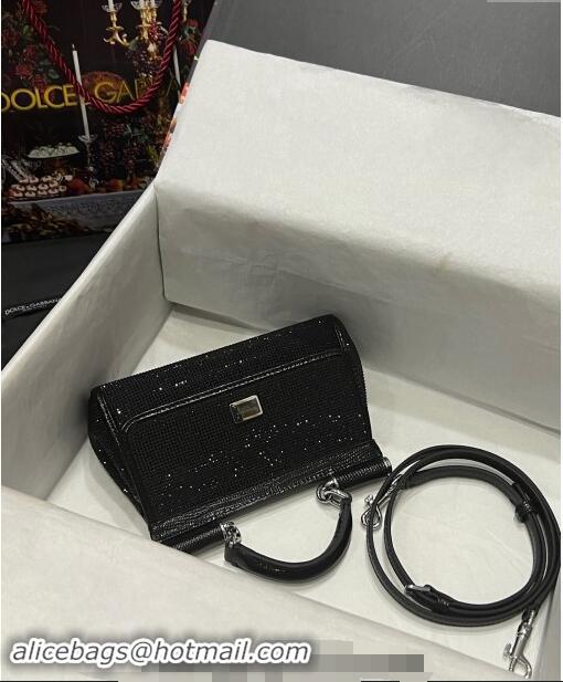 New Cheap Dolce & Gabbana Small Sicily bag in Strass and Lizard Embossed Leather BB6111 Black 2024