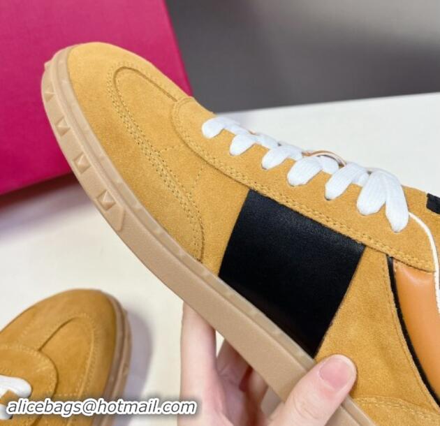 Low Cost Valentino Upvillage Trainer Sneakers in Suede with Logo Web Apricot Yellow 1116027