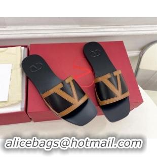 Most Popular Valentino Calfskin VLogo Flat Slides Sandal Black/Brown 1116033