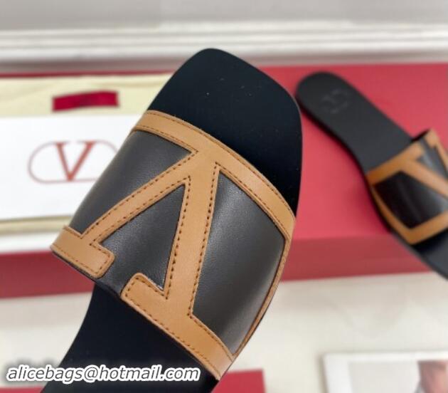 Most Popular Valentino Calfskin VLogo Flat Slides Sandal Black/Brown 1116033