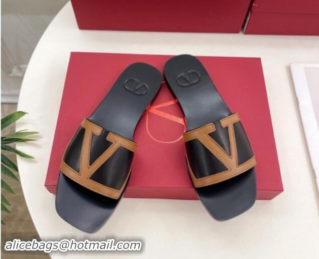 Most Popular Valentino Calfskin VLogo Flat Slides Sandal Black/Brown 1116033