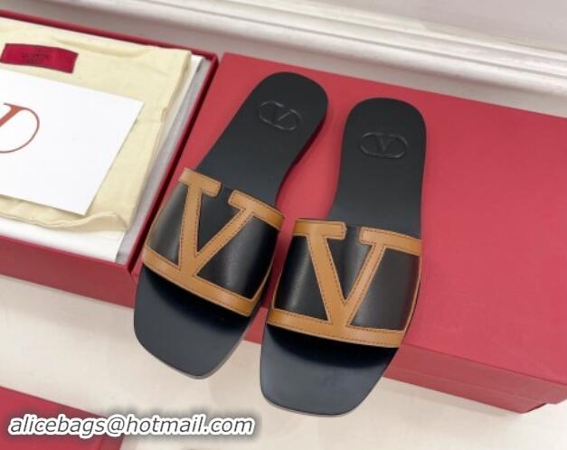 Most Popular Valentino Calfskin VLogo Flat Slides Sandal Black/Brown 1116033