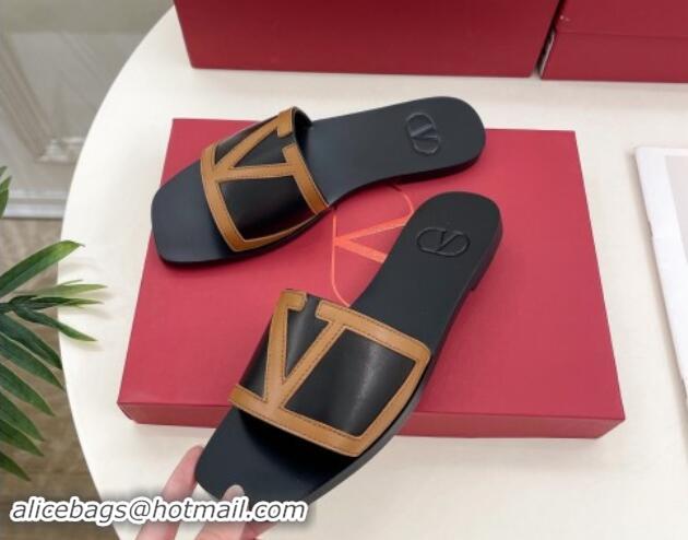 Most Popular Valentino Calfskin VLogo Flat Slides Sandal Black/Brown 1116033