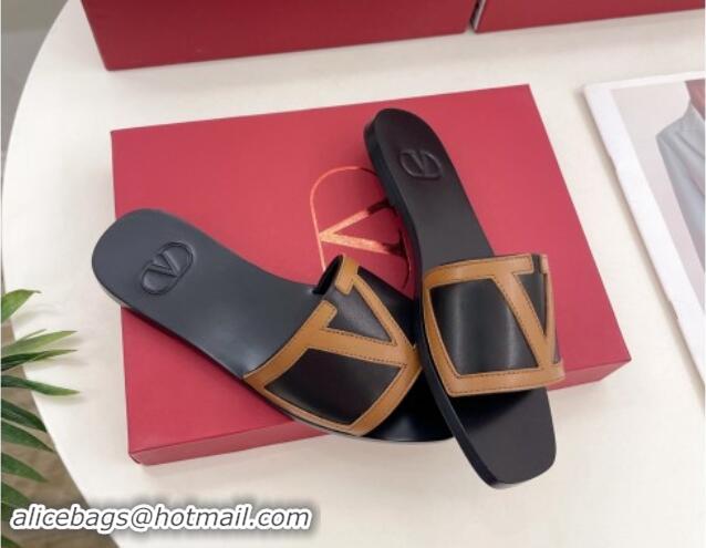 Most Popular Valentino Calfskin VLogo Flat Slides Sandal Black/Brown 1116033