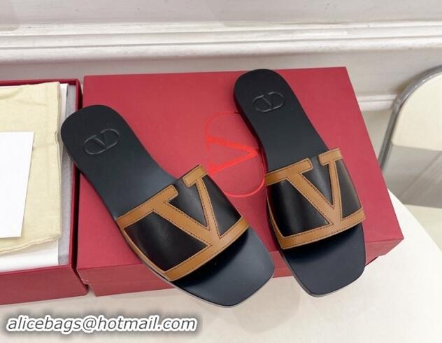 Most Popular Valentino Calfskin VLogo Flat Slides Sandal Black/Brown 1116033