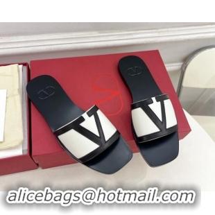 Buy Luxury Valentino Calfskin VLogo Flat Slides Sandal White/Black 116034