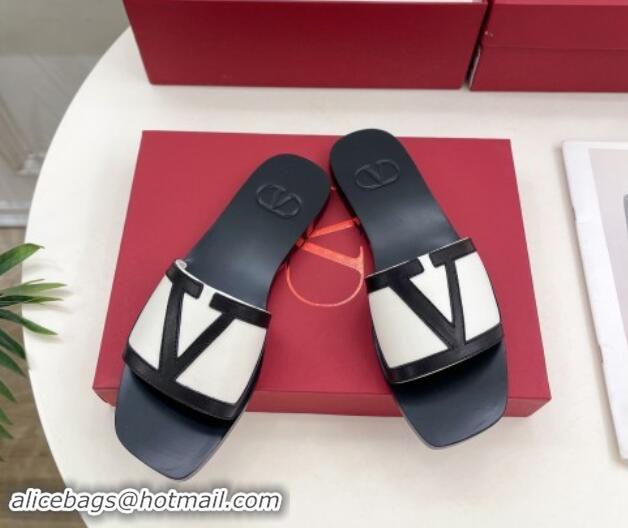 Buy Luxury Valentino Calfskin VLogo Flat Slides Sandal White/Black 116034