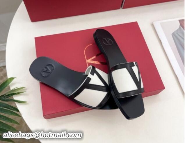 Buy Luxury Valentino Calfskin VLogo Flat Slides Sandal White/Black 116034