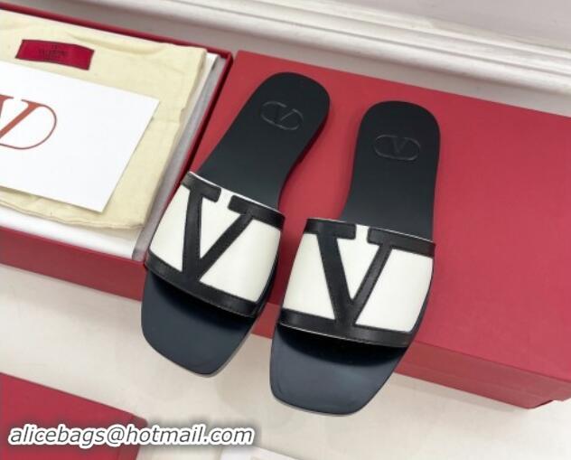 Buy Luxury Valentino Calfskin VLogo Flat Slides Sandal White/Black 116034