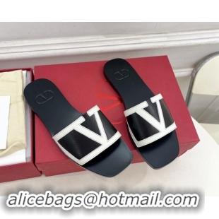 Durable Valentino Calfskin VLogo Flat Slides Sandal Black/White 116035