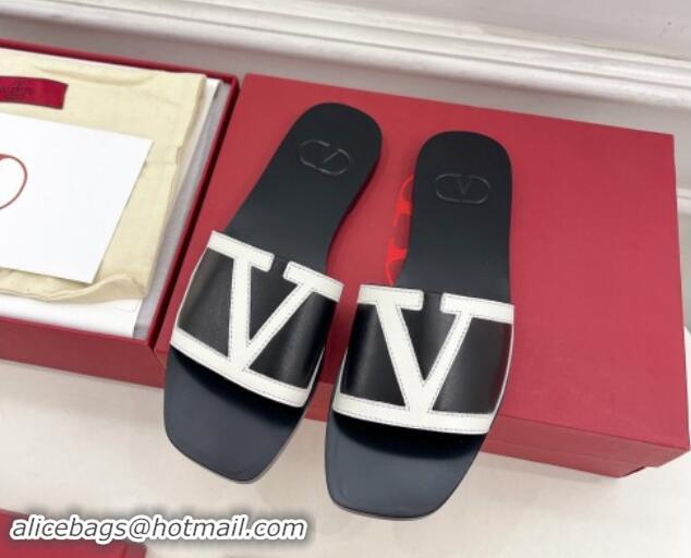 Durable Valentino Calfskin VLogo Flat Slides Sandal Black/White 116035