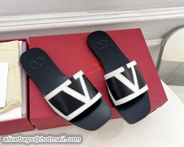 Durable Valentino Calfskin VLogo Flat Slides Sandal Black/White 116035