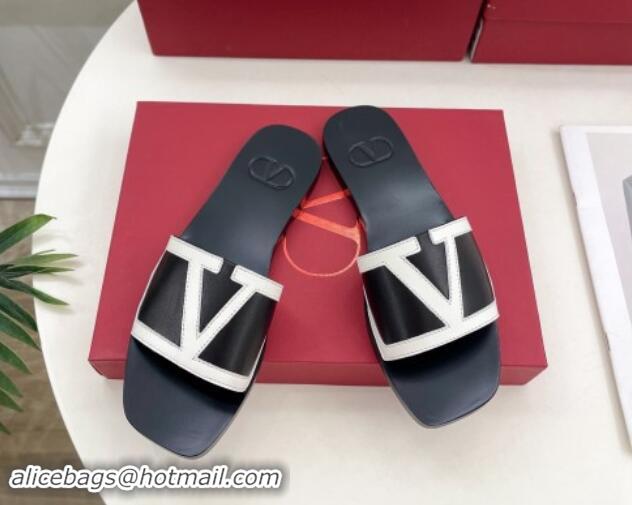 Durable Valentino Calfskin VLogo Flat Slides Sandal Black/White 116035