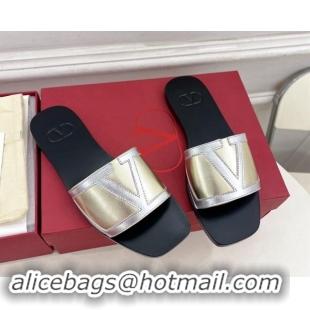 Best Price Valentino Calfskin VLogo Flat Slides Sandal Gold/Silver 1116036