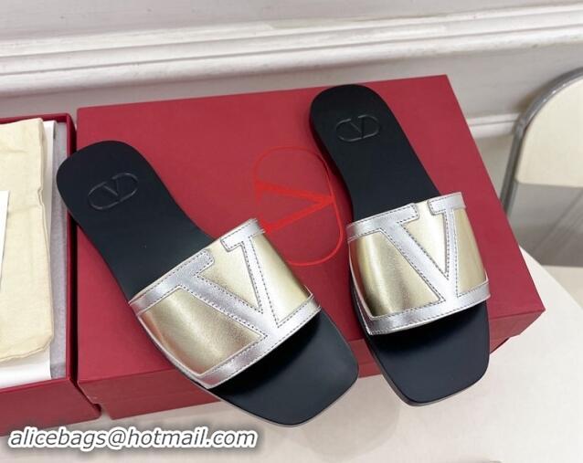 Best Price Valentino Calfskin VLogo Flat Slides Sandal Gold/Silver 1116036