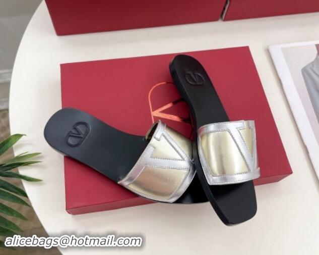 Best Price Valentino Calfskin VLogo Flat Slides Sandal Gold/Silver 1116036