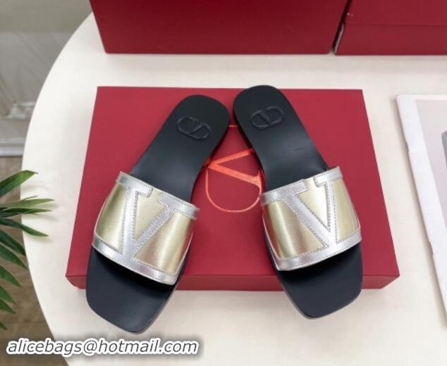 Best Price Valentino Calfskin VLogo Flat Slides Sandal Gold/Silver 1116036