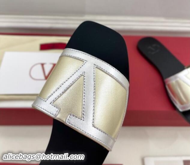 Best Price Valentino Calfskin VLogo Flat Slides Sandal Gold/Silver 1116036