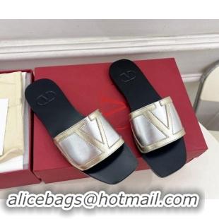 Good Quality Valentino Calfskin VLogo Flat Slides Sandal Silver/Gold 1116037