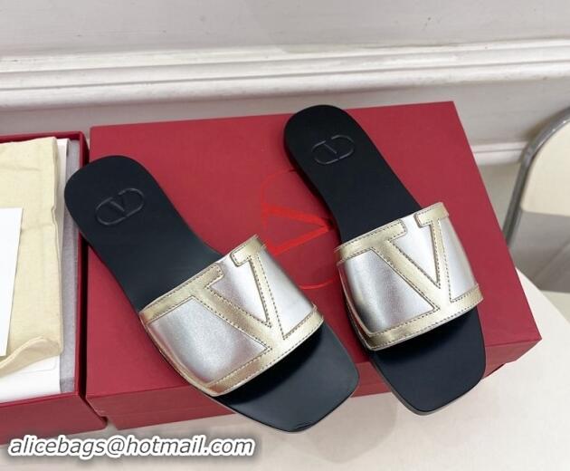 Good Quality Valentino Calfskin VLogo Flat Slides Sandal Silver/Gold 1116037