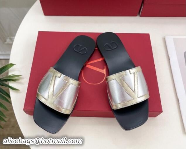 Good Quality Valentino Calfskin VLogo Flat Slides Sandal Silver/Gold 1116037