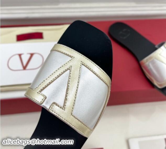 Good Quality Valentino Calfskin VLogo Flat Slides Sandal Silver/Gold 1116037