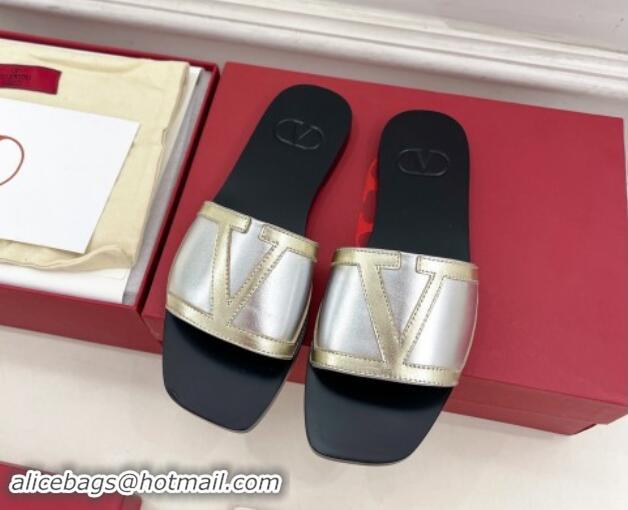 Good Quality Valentino Calfskin VLogo Flat Slides Sandal Silver/Gold 1116037