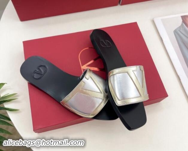 Good Quality Valentino Calfskin VLogo Flat Slides Sandal Silver/Gold 1116037