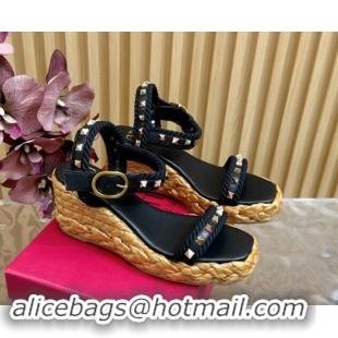 Grade Quality Valentino Roman Stud Wedge Sandals 4.5/7.5cm with Straw-Like Outsole Black 1116038