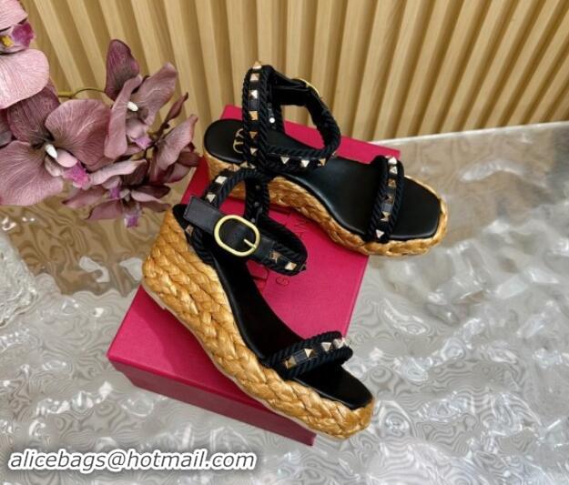 Grade Quality Valentino Roman Stud Wedge Sandals 4.5/7.5cm with Straw-Like Outsole Black 1116038