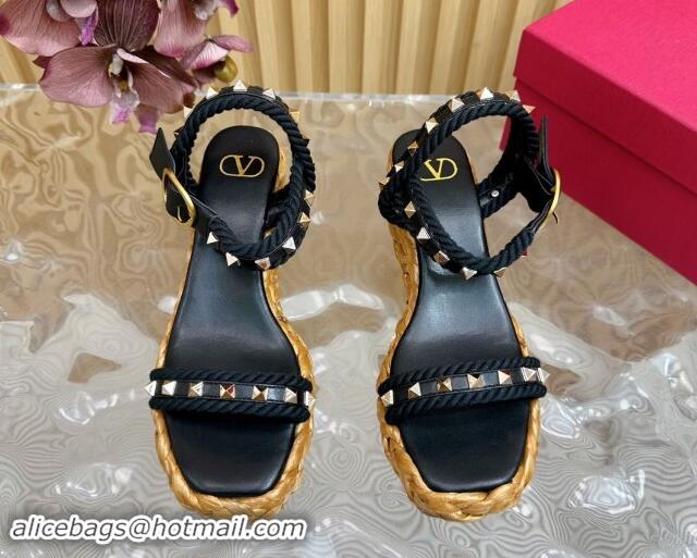 Grade Quality Valentino Roman Stud Wedge Sandals 4.5/7.5cm with Straw-Like Outsole Black 1116038