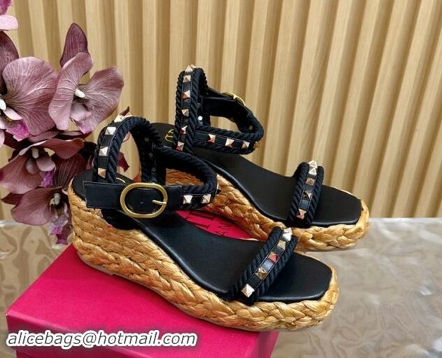 Grade Quality Valentino Roman Stud Wedge Sandals 4.5/7.5cm with Straw-Like Outsole Black 1116038