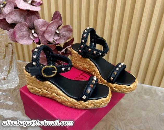 Grade Quality Valentino Roman Stud Wedge Sandals 4.5/7.5cm with Straw-Like Outsole Black 1116038