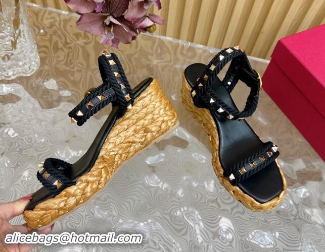 Grade Quality Valentino Roman Stud Wedge Sandals 4.5/7.5cm with Straw-Like Outsole Black 1116038