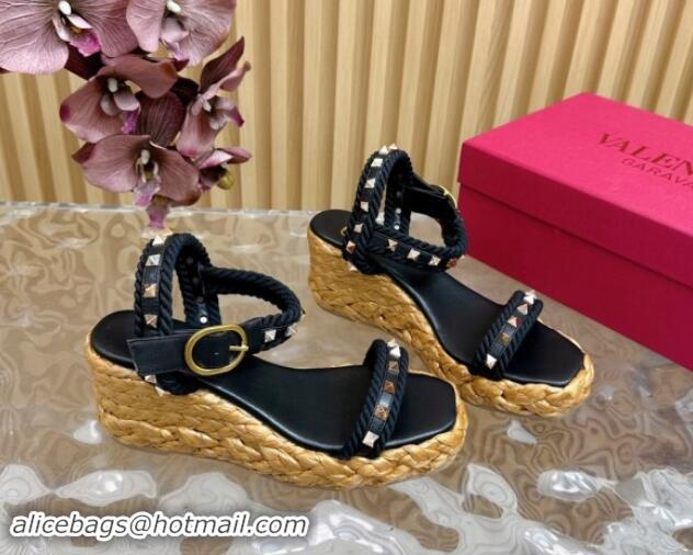 Grade Quality Valentino Roman Stud Wedge Sandals 4.5/7.5cm with Straw-Like Outsole Black 1116038