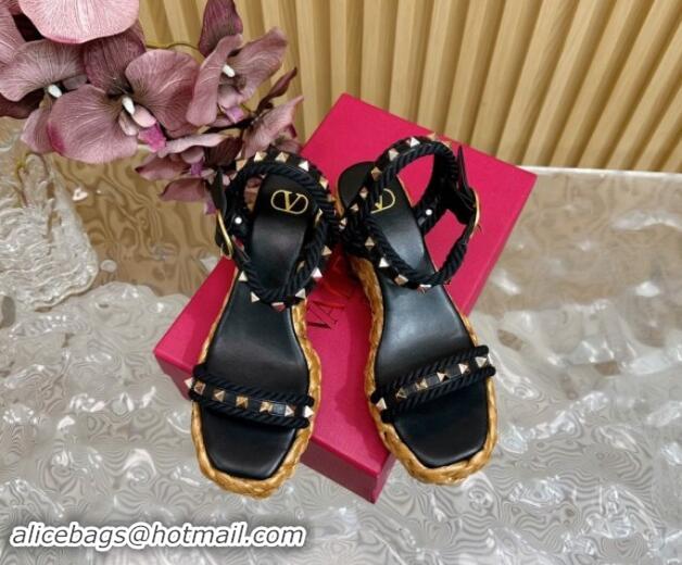 Grade Quality Valentino Roman Stud Wedge Sandals 4.5/7.5cm with Straw-Like Outsole Black 1116038