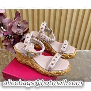 Best Grade Valentino Roman Stud Wedge Sandals 4.5/7.5cm with Straw-Like Outsole Powder Pink 116039