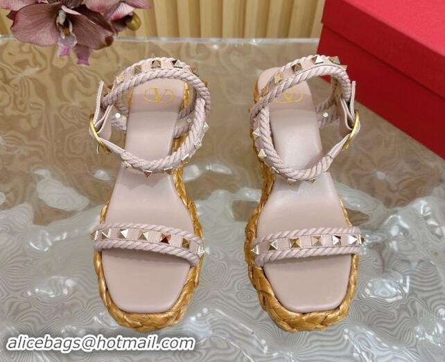 Best Grade Valentino Roman Stud Wedge Sandals 4.5/7.5cm with Straw-Like Outsole Powder Pink 116039