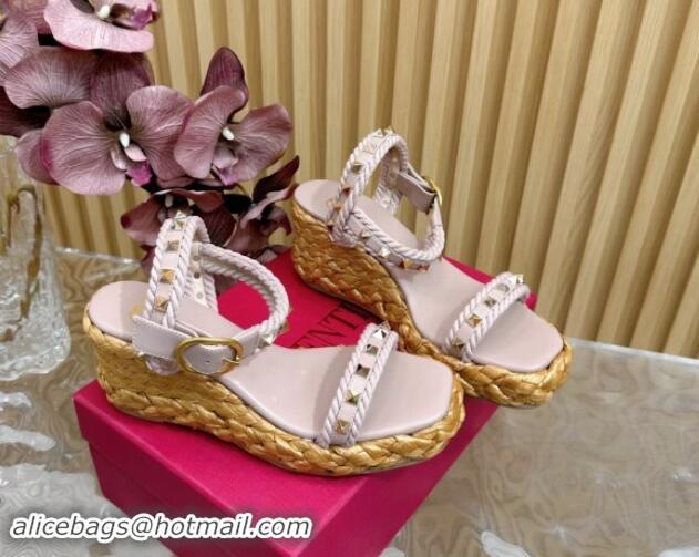 Best Grade Valentino Roman Stud Wedge Sandals 4.5/7.5cm with Straw-Like Outsole Powder Pink 116039