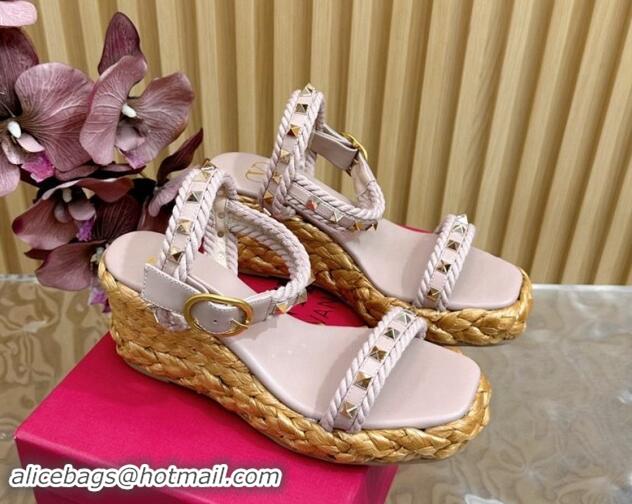 Best Grade Valentino Roman Stud Wedge Sandals 4.5/7.5cm with Straw-Like Outsole Powder Pink 116039