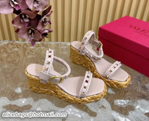 Best Grade Valentino Roman Stud Wedge Sandals 4.5/7.5cm with Straw-Like Outsole Powder Pink 116039