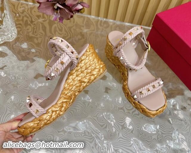 Best Grade Valentino Roman Stud Wedge Sandals 4.5/7.5cm with Straw-Like Outsole Powder Pink 116039